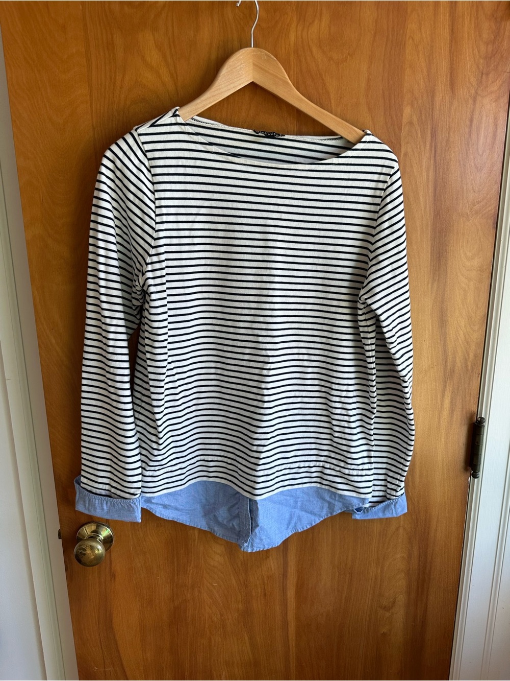 Women’s Striped Long-Sleeve Tee with Chambray Hem - White/Black